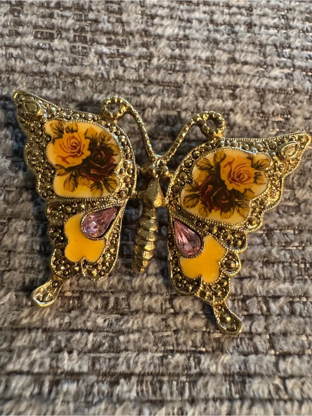 Vintage Gold Butterfly Pin Brooch with Yellow Enamel and Pink Accents